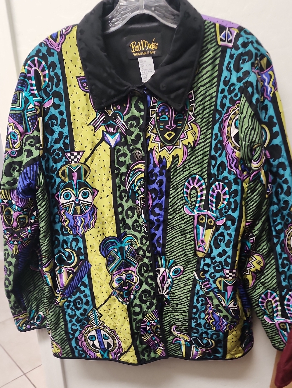 Bob Mackie Teal, Purple, Lime Green and Black Mask Motif Jacket